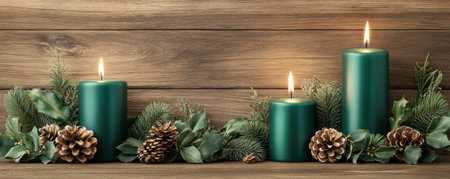 Embrace the holidays with festive green candles, pinecones, and evergreen sprigs, symbolizing a cozy family gathering Their light illuminates love and togetherness, creating a beautiful centerpiece Perfect for decorations, invitations, or social media, these elements convey the joyous spirit of the season AI Generativeの素材