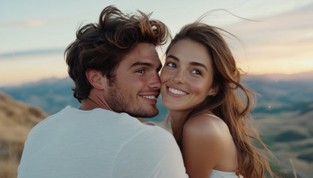 Experience the power of love with this breathtaking image A couple embraces on a mountain peak at sunset, wind-swept and resilient Symbolizing strength and connection, this scenic view is perfect for travel, romance, and outdoor themes, filled with happiness and amazing skies An unforgettable landscape experience AI Generativeの素材