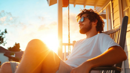 Bathed in the warm, golden hour light, a young man in a white tee and sunglasses unwinds on a porch swing The setting sun illuminates the scene, creating a tranquil moment of personal reflection He's alone, enjoying the peaceful sunset rather than engaging in a conversation, capturing a serene and AI Generativeの素材
