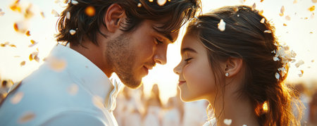 Experience the warmth of family love in this tender moment A parent and child embrace, petals swirling around them, capturing the essence of a heartfelt celebration Witness shared laughter and cherished bonding under the sun, creating timeless memories of togetherness at this beautiful family event AI Generativeの素材