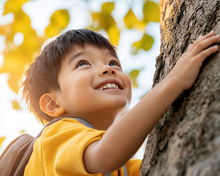 A parent encourages their child to climb a tall tree, embodying adventure and safety This scene captures the essence of parenting, growth, and trust It showcases childhood exploration, the parent-child bond, and a key parenting milestone of support and guidance, all while creating lasting memories AI Generativeの素材