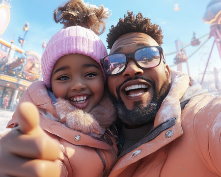 A father and daughter beam with joy in a selfie taken during a fun-filled amusement park day Their happiness is palpable, capturing a precious moment of family bonding This heartwarming image showcases the delight of their theme park trip, filled with lasting memories and genuine smiles AI Generativeの素材