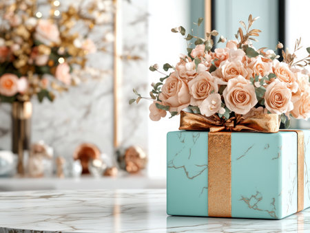 This image captures a heartwarming family celebration, centered around a father's thoughtful gift An elegant box, adorned with gold ribbon, rests amidst soft pink roses and gold accents The scene radiates warmth and love, perfectly portraying cherished moments and the joy of a perfectly presented, meaningful gift AI Generativeの素材