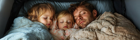 Bathed in soft moonlight, a serene family scene unfolds Parents lovingly tuck their two blond children into bed beside their red-haired father The air is thick with love and security as they drift to sleep, nestled under warm blankets The image embodies a peaceful moment of connection and protection AI Generativeの素材