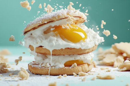 Capture the joy of Father's Day with this heartwarming breakfast scene A tempting stack of breakfast cakes, eggs, creamy topping, and powdered sugar create a special start Perfect for menus, recipe cards, and social media, this image embodies love, laughter, and delicious treats shared with dad pure joy! AI Generativeの素材