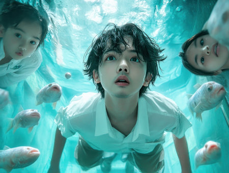 Three young people explore an underwater world, their curious gazes fixed amidst a swirl of fish Serene lighting creates a dreamlike atmosphere, enhancing the feeling of total immersion This unique, creative shot captures a moment of wonder and connection with the aquatic realm AI Generativeの素材