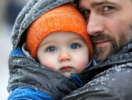 A father's jacket becomes a haven as he shelters his child from a sudden downpour This image captures a tender moment of parental love and protection, a loving embrace amidst the unexpected rain His gesture, shielding his child from the cold, highlights the deep bond they share A pure family AI Generativeの素材