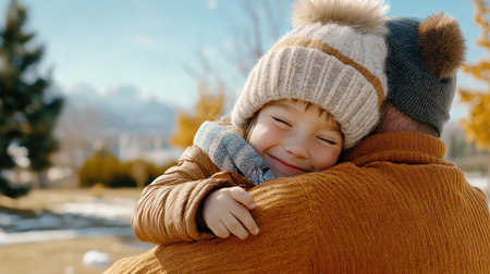 This image captures a father and child's loving embrace on a sunny afternoon, highlighting their deep connection and trust The child's genuine smile radiates pure love and comfort, a testament to their bond A tender moment, frozen in time, it beautifully encapsulates warmth, affection, and the essence of family AI Generativeの素材