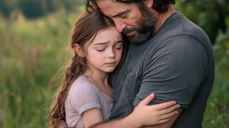 A father's gentle embrace comforts his daughter in the soft evening light This touching scene, rich with emotion, depicts a timeless bond of love and support It's a powerful image showcasing the beauty of family connections, highlighting themes of comfort, protection, and unwavering parental affection A moment captured with depth AI Generativeの素材