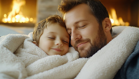 This heartwarming image captures the essence of parenting A father comforts his child, wrapped in a soft blanket, beside a glowing fireplace It portrays emotional support, bonding, and the power of parental love The cozy scene embodies family comfort, peaceful care, and a beautiful, tender relationship AI Generativeの素材