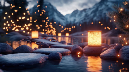 Capture the magic of family traditions with this serene image Glowing lanterns illuminate a rocky stream beneath majestic mountains, evoking peace and connection Perfect for winter cards or sharing holiday memories, it brings festive cheer and a sense of generations united in harmony AI Generativeの素材