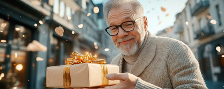 A father's loving gesture captured: he hands over a beautifully wrapped gift, radiating heartfelt joy and connection This special moment, highlighted by radiant smiles, embodies the spirit of giving and family bonds A treasured gift, perfectly depicted, showcasing the happiness of sharing AI Generativeの素材