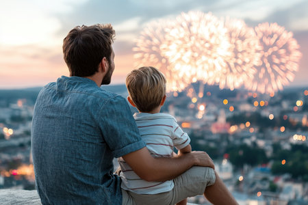 Witness family magic unfold as a father and child gaze at breathtaking fireworks Their silhouettes, etched against the vibrant night sky, embody awe, trust, and shared joy This scene captures the essence of love and unforgettable moments, as colorful explosions paint memories that will last a lifetime Enjoy beautiful, sparkling AI Generativeの素材