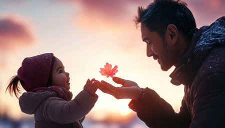A father's tender gift to his child, embraced against a sunset, captures the heart of family This image symbolizes their deep bond, love, and simple joy Ideal for heartwarming stories, Father's Day, or family projects, it beautifully depicts a special connection AI Generativeの素材