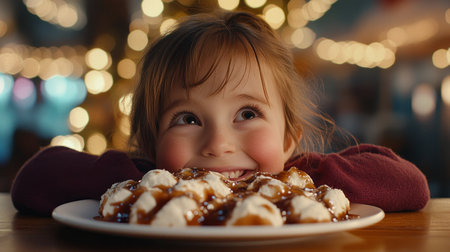 Experience the joy of family celebrations through this heartwarming scene A little girl's delighted gaze at sweet treats captures the anticipation and warmth of shared moments Soft bokeh and golden hues create a cozy, festive ambiance, perfect for promoting family values Share the magic and remember these precious times AI Generativeの素材
