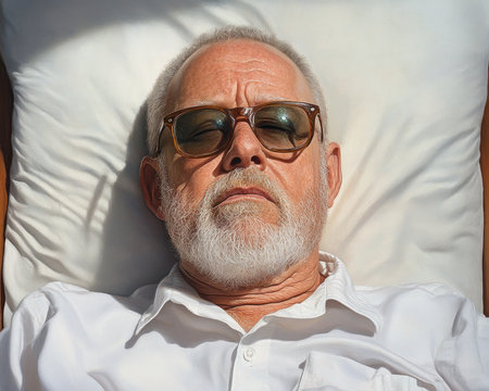 This concept image portrays a man in a white shirt and glasses, napping in the sun, embodying a father figure Though the father isn't physically present, the scene evokes powerful feelings of family bonds and love The emotional weight of an unseen gift is carried within this simple, yet profound, AI Generativeの素材