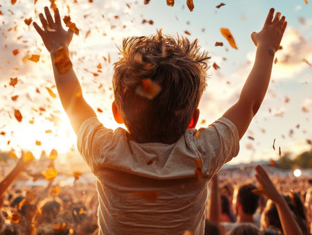 Celebrate childhood joy with this image of confetti and a proud father cheering at a school recital It captures the essence of family bonds, achievement, and celebratory moments Share the happiness this photo evokes; perfect for memory books, promotions, and family projects AI Generativeの素材