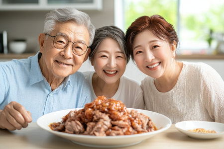 A heartwarming family gathering celebrates heritage with a table laden with traditional dishes Generations unite, sharing stories and creating memories The aroma of time-honored recipes fills the air, each dish a symbol of love and connection This timeless experience honors heritage through food and family tradition, fostering togetherness AI Generativeの素材