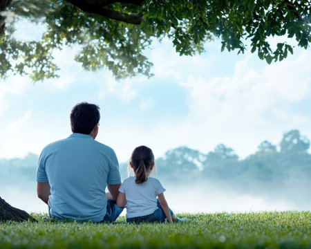 A father and child sit beneath a tree, lost in shared memories, their bond palpable This serene image captures the essence of fatherhood love, reflection, and the enduring legacy of shared experiences It's a poignant portrayal of their unbreakable connection, fostering a sense of togetherness and the beautiful journey AI Generativeの素材