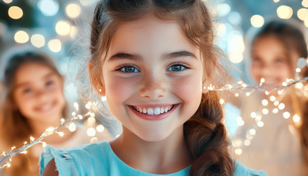 This image radiates family joy Capture the magic of a celebration with heartwarming scenes of children, twinkling string lights, and loving embraces Perfect for holiday themes, family albums, or social media, this photo showcases precious memories being made It's a beautiful reminder to celebrate love with a warm and joyful AI Generativeの素材