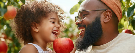 This heartwarming image captures a father and daughter's joyful apple-picking moment on a sunny autumn day Vibrant colors and genuine smiles radiate warmth and love, showcasing the beauty of the season and family togetherness A timeless memory perfect for illustrating seasonal celebrations AI Generativeの素材