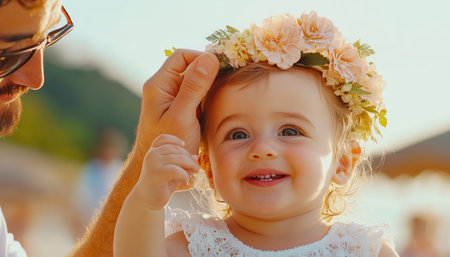Bathed in golden sunlight, a father tenderly brushes his child's hair, adorning her with a floral crown This heartwarming portrait captures a sweet moment of affection and nurturing, showcasing the beautiful bond between parent and child in an outdoor setting A special memory celebrating the joy of parenthood and early AI Generativeの素材
