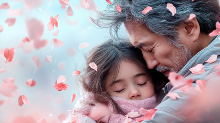 A father's tender hug soothes his child after a hard day, a powerful display of unconditional love This heartwarming image captures the solace and peace found in a parent's embrace, showcasing the strength and security of family bonds It s a reminder of the warmth and comfort they provide AI Generativeの素材