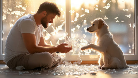 Witness a tender moment: a man and his golden retriever puppy share a unique exchange - shattered glass, a symbolic gift This action deepens their bond, highlighting the powerful connection between them This scene embodies companionship, loyalty, and the shared experiences that unite man and dog AI Generativeの素材