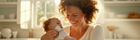 A mother gently bandages her child's scraped knee in a sunlit kitchen, embodying love and care This scene captures maternal affection, the healing power of touch, and strong family bonds The warm, soft light enhances the tender, domestic ambiance of this comforting childhood moment AI Generativeの素材
