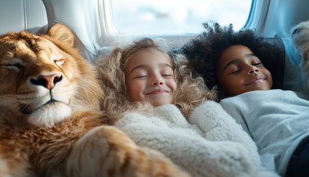 Discover the enchantment of family bonds in this unique celebration See loved ones, even a lion, sharing joy and customs, their smiles radiating happiness This diverse companionship, filled with comfort and togetherness, creates a peaceful scene that defies expectations and sparks wonder AI Generativeの素材