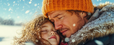This heartwarming image captures a father's protective embrace against winter's harshness, shielding his child from snow It symbolizes safety, connection, and parental care, beautifully expressing paternal love and a deep familial bond amidst the snowy landscape A touching depiction of family time and the power of love in winter AI Generativeの素材