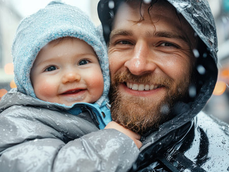 Witness a father's tender love as he shelters his child from a sudden downpour, wrapping them in his jacket This heartwarming scene portrays pure affection and paternal care, a beautiful display of family bonds amidst unexpected weather It's a lasting image of comfort and shared moments AI Generativeの素材