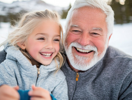 Experience a heartwarming family reunion captured by a crackling fire A grandfather and granddaughter share radiant smiles, showcasing the love, joy, and connection of family This magical image embodies warmth, laughter, and togetherness, perfect for cherishing precious memories Celebrate your connections with us! Ideal for all occasions AI Generativeの素材
