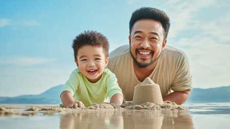 Experience the heartwarming bond between father and child, building sandcastles by the shore Witness a gentle smile, playful interaction, and lasting memories of sun-kissed beach fun This scene captures the simple pleasures of togetherness, outdoor play, and the beautiful connection between a father and son AI Generativeの素材