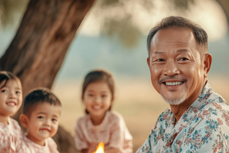 A father leads a joyful family singalong around a crackling campfire, capturing the essence of parenting and unity Laughter echoes as precious memories are made in this outdoor family activity Cheerful faces glow in the firelight, the natural setting amplifying the beauty of shared time and the love of a AI Generativeの素材