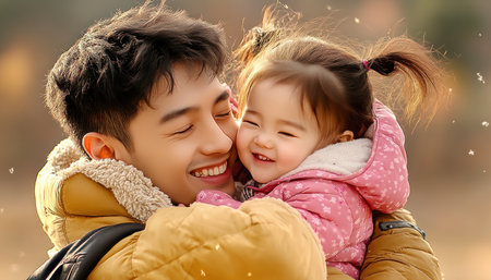 A father's warm, protective hug envelops his smiling daughter in a tranquil field Their strong bond shines through, enhanced by golden tones and soft lighting The father in his jacket, and the daughter in pink, create a heartwarming, serene scene This touching image captures pure love and joy AI Generativeの素材