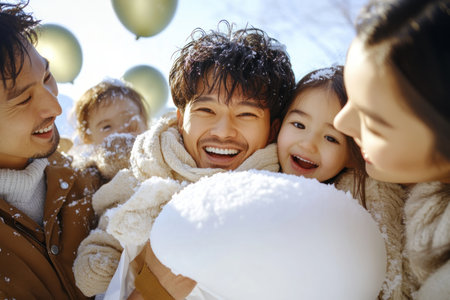 Capture the joy of Father's Day with this heartwarming scene! A dad's face glows as his family cheers, holding a "Happy Father's Day" banner surrounded by balloons in the snow This adorable photo embodies family love, laughter, and the simple joys of fatherhood Share the love and help families celebrate! AI Generativeの素材