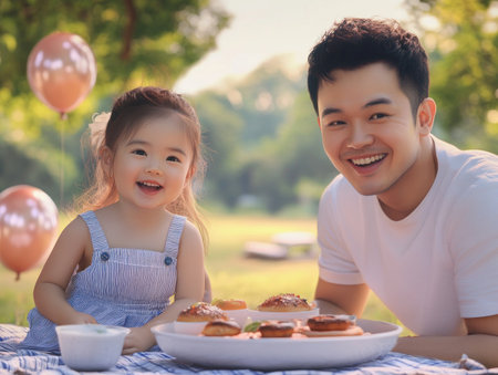 Celebrate Father's Day with a vibrant park picnic! Colorful balloons and cozy blankets set the stage for joyful laughter as a father and child enjoy a sunny day This heartwarming scene captures the essence of family fun, creating unforgettable memories in the great outdoors A perfect, delightful Father's Day experience AI Generativeの素材