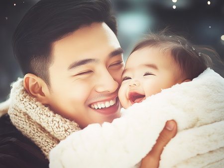 This heartwarming Father's Day image showcases a tender moment of paternal love A father holds his baby close, surrounded by hand-drawn hearts and stars Perfect for personalized cards and gifts, this photo radiates affection and joy, capturing a genuine and beautiful bond Celebrate with this symbol of unconditional love AI Generativeの素材