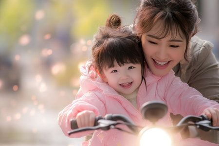 This heartwarming Father's Day design captures the joy of parenthood A loving parent teaches a child to bike, surrounded by cheerful typography Playful elements and the sweet scene celebrate the unique bond between father and child, a charming depiction of love and precious family moments AI Generativeの素材