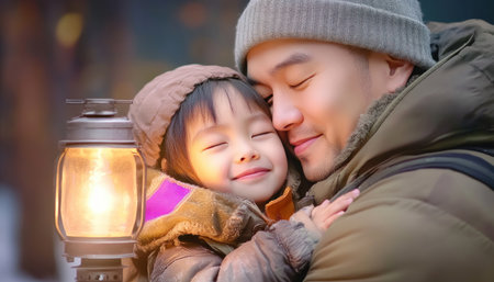 Experience a tender moment of paternal love with this image of a father's powerful hug Bundled in winter wear, father and child are bathed in a soft glow, symbolizing protection and deep connection This heartwarming scene captures a close embrace, a perfect portrait of love, conveying peace, security, and profound AI Generativeの素材
