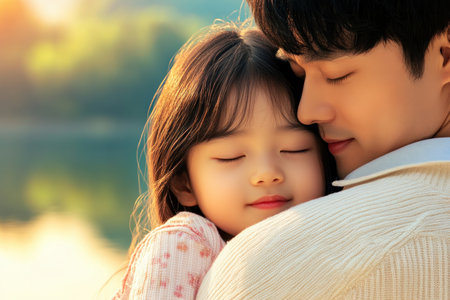 This heartwarming image captures a father and child in a tender embrace, radiating pure affection The soft light and intimate pose highlight their loving bond, showcasing a father's devotion and familial connection It's a touching portrayal perfect for illustrating family, parental affection, and the timeless power of love AI Generativeの素材