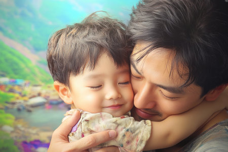 This stock photo captures the essence of fatherly love: a tender hug amidst nature symbolizes trust, care, and a strong connection It's a heartwarming visual of family bonding, security, and unwavering support Witness the purity of paternal love set against a scenic backdrop Download now to represent precious familial relationships AI Generativeの素材