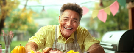 Celebrate Father's Day with this festive BBQ image! A smiling dad, spatula in hand, stands ready to grill amidst cheerful party decorations This design, featuring a BBQ grill and happy dad, is perfect for Father's Day cards or social media greetings Share the joy of the day! AI Generativeの素材