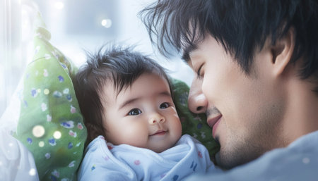 This image captures the tender bond of fatherhood A smiling father gently cradles his newborn, their connection palpable Bathed in soft light, this heartwarming scene portrays the pure joy of parenthood and the deep affection within a loving family It embodies the strength and gentleness of paternal love AI Generativeの素材