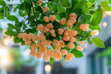 This image offers a serene overhead view of a lush green tree with vibrant orange flower buds Decorative lights add a soft, inviting glow, creating a mood of natural beauty The focus is on the tree's organic form, rather than any Father's Day celebration, lacking fireworks or related text AI Generativeの素材