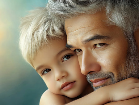 This high-quality image captures a father's tender hug, a powerful symbol of familial love The intimate embrace showcases the nurturing bond between father and child, highlighting the beauty of paternal affection and family values It's a heart-warming depiction of a precious moment, perfect for representing the strength of family connections AI Generativeの素材