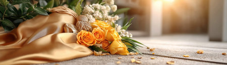 Craft a heartfelt Father's Day with this rustic background Wooden textures meet opulent gold accents, framing engraved fatherhood quotes Vibrant yellow roses and delicate white florals rest on natural wood Perfect for cards, banners, or social media, this design offers a warm, textured, and visually appealing tribute AI Generativeの素材