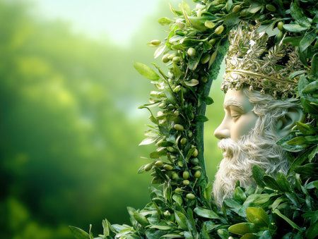 Celebrate Father's Day with this decorative background featuring a crest encircled by olive branches, honoring fatherhood A statue-like, crowned, bearded figure surrounded by green leaves creates an earthy, natural feel This traditional design is perfect for expressing appreciation and love for fathers AI Generativeの素材
