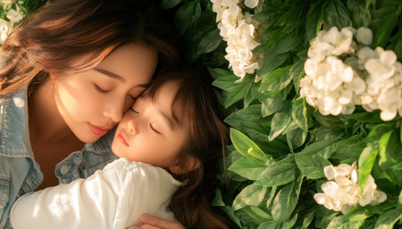 This image captures the essence of family love: a mother's tender embrace of her sleeping child, mirroring a father's secure hug These visuals symbolize deep bonds, secure comfort, and the powerful connection of family ties It beautifully portrays the joy, warmth, and unwavering care found within a loving family AI Generativeの素材